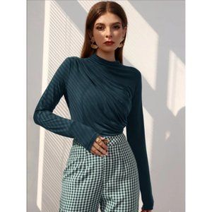 SHEIN Mock Neck Ruched Tee - Teal Blue